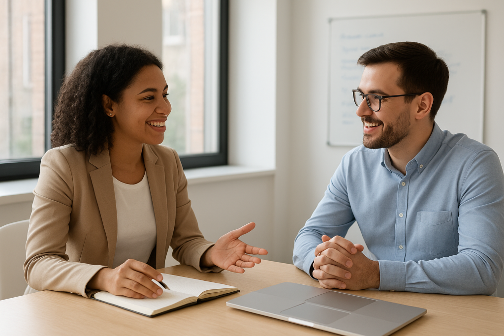 Two people in a business meeting.